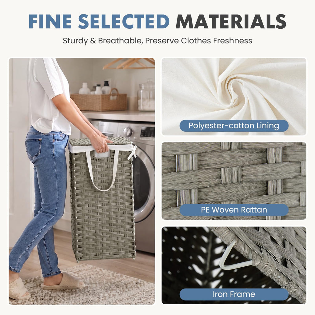 Laundry Basket with Lid, 65L Wicker Laundry Hampers, Dove Gray