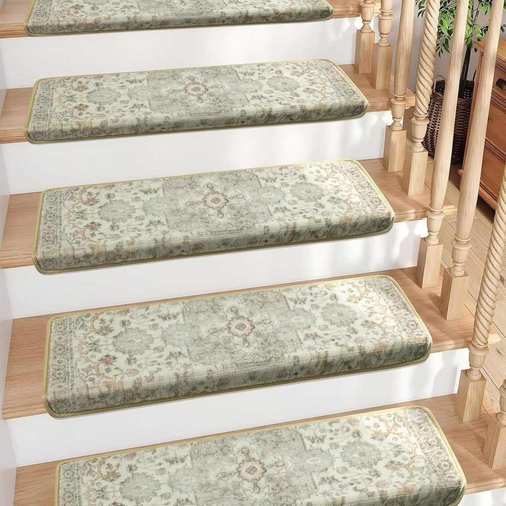 Bullnose Non-Slip Carpet Stair Treads for Wooden Steps, 14pcs, Grey