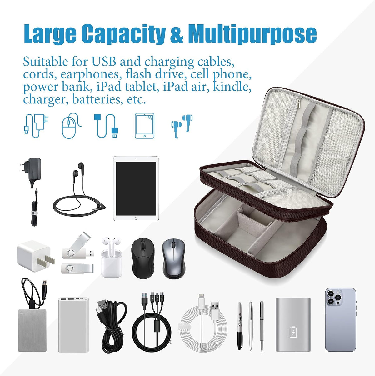 Electronics Travel Organizer, Double Layer Cable Organizer Bag Watreproof Electronics Accessories Storage Bag for