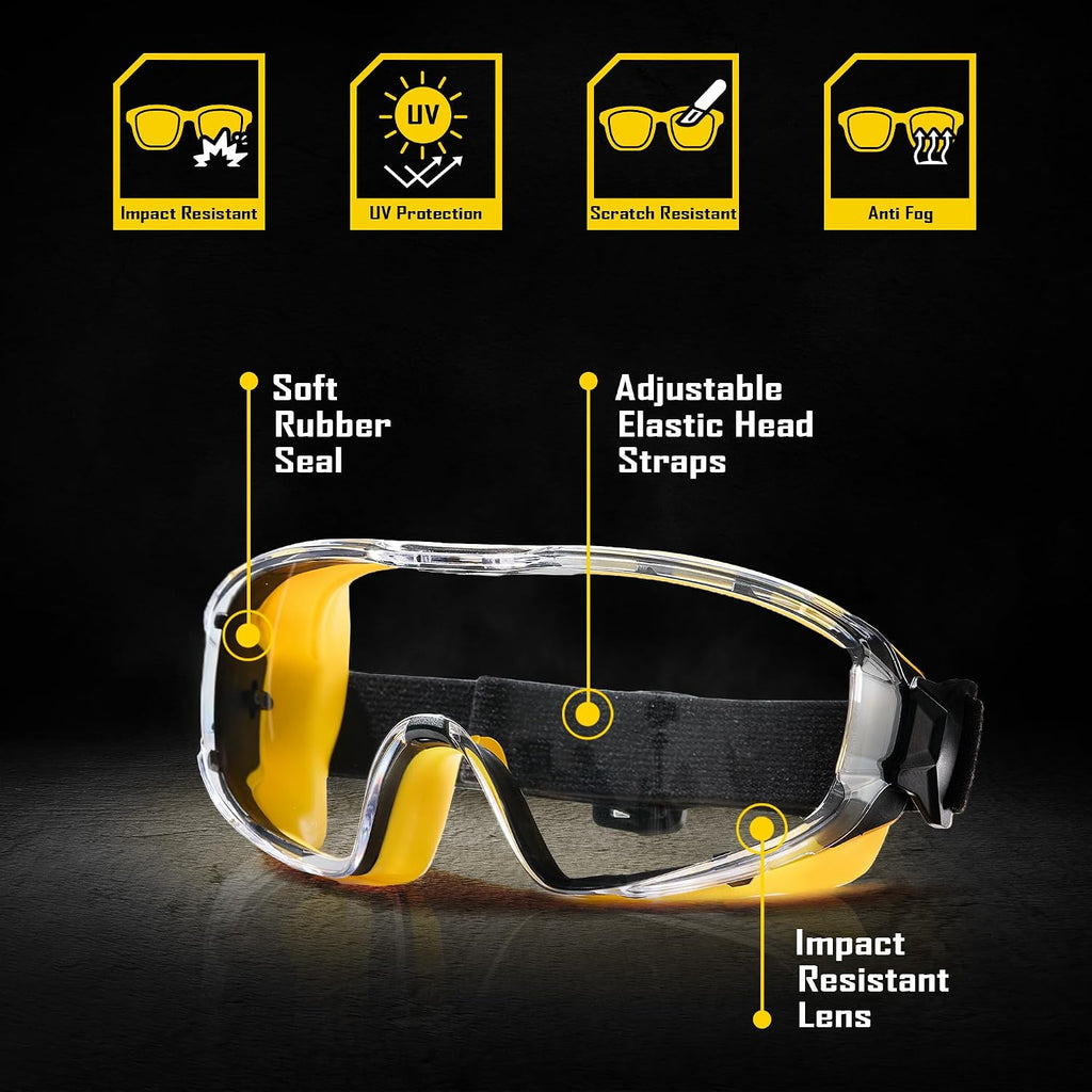 Safety Goggles Over Glasses with Anti-Fog Clear Lens | ANSI Z87.1 Impact Resistance Eye Protection with Adjustable