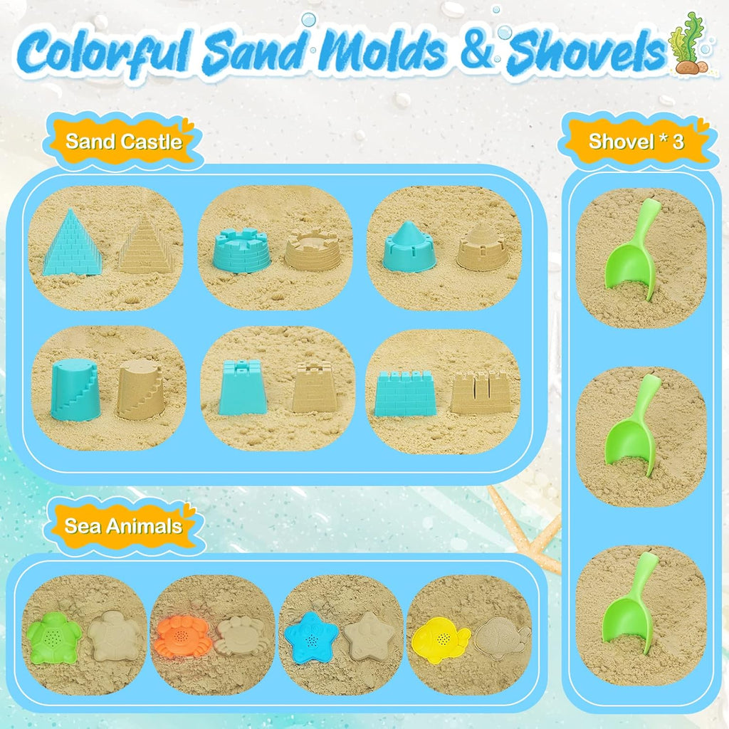 Beach Toys with 3 Collapsible Buckets, Mesh Bag for Kids Ages 3-12 | Sand Castle Building Kit and Sand Molds for