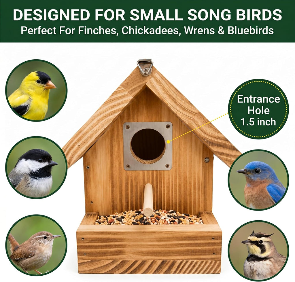 2-in-1 Wooden Bird House for Outside with Feeder, Hanging Birdhouse, Clear Window & EasyClean Door, Carbonized Solid