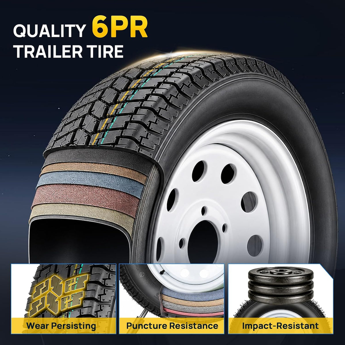 2 Pack 205/75/15 Trailer Tire and Wheel Assembly, 5 Lug on 4.5 Inch PCD with 15" Rims Load Range C 6PR White