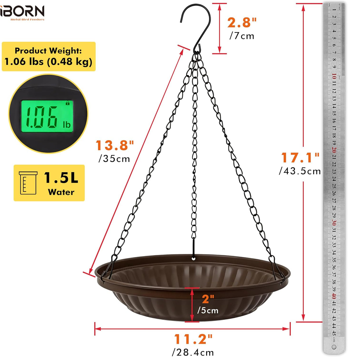 Hanging Metal Bird Bath Feeder Tray, 1.5L All Metal Wild Birdbath for Outdoor Backyard Garden, Squirrel Chew Proof