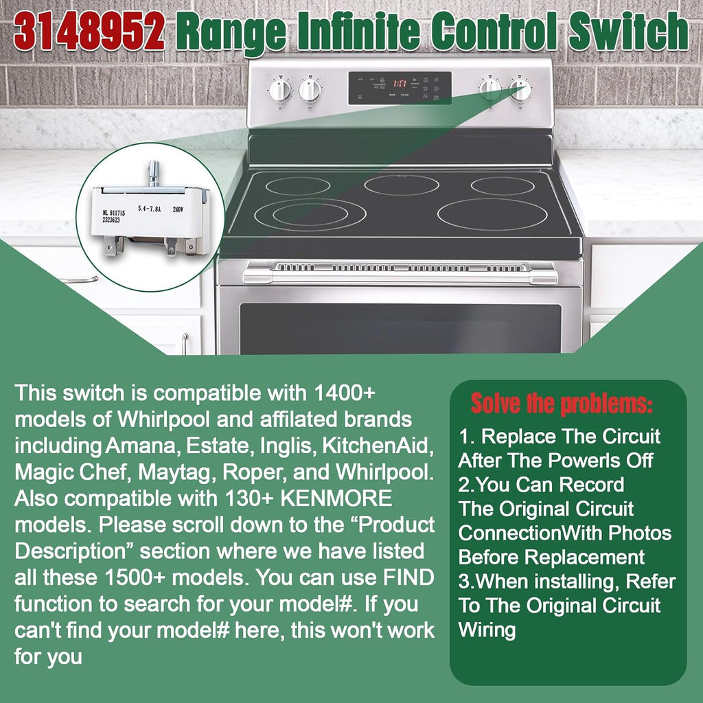 3148952 WP3148952 Range Surface Burner Infinite Switch Replacement – 240V Electric Stove Top Control for Whirlpool Maytag Amana KitchenAid Kenmore – Replaces AP6007657 PS11740774 – Fits 6 Inch Element