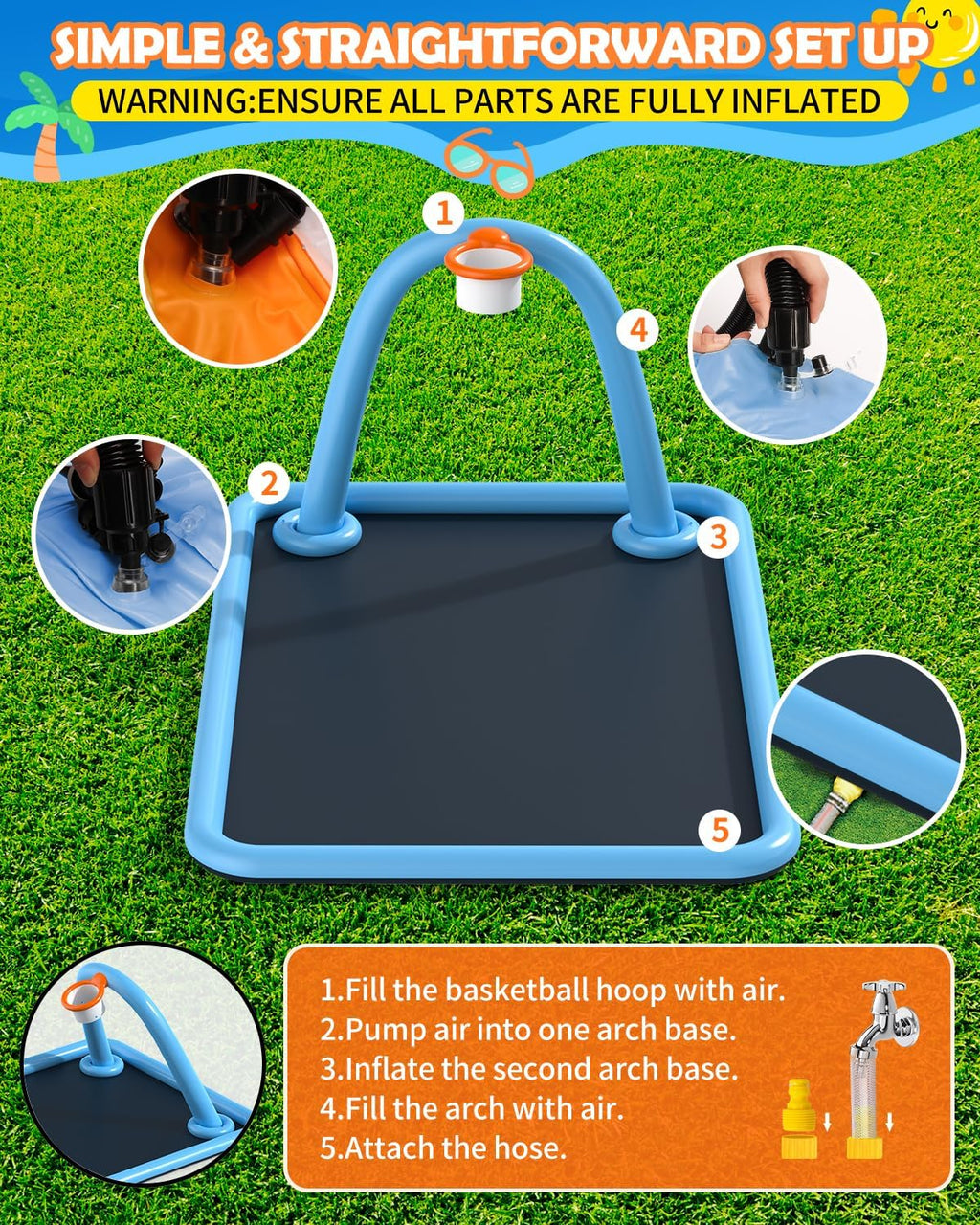 Splash Pad for Kids & Dogs, Large Sprinkler Pad Water Toys with Basketball Hoop, Thickened Non-Slip Splash Mat