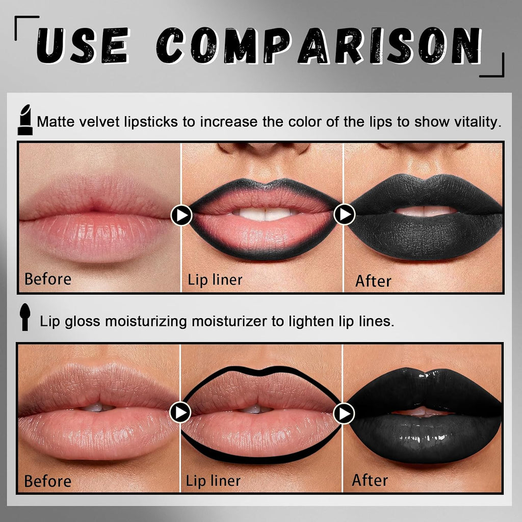 Black Lipstick Lip Liner Set,Double Head Liquid Lipstick Lip Gloss | Goth Makeup,Halloween Makeup,Soft and Silky