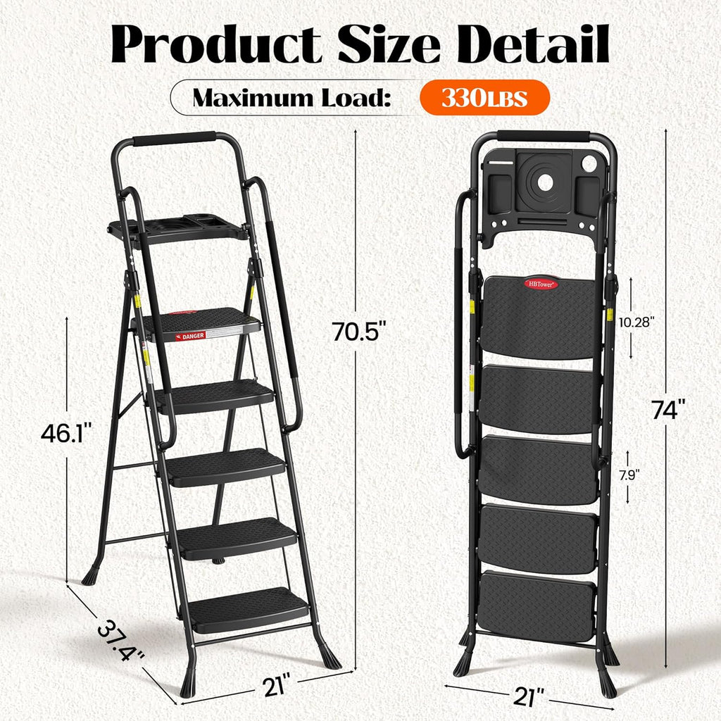 5 Step Ladder, Folding Step Ladder with Wide Anti-Slip Pedal & Tool Tray, Step Ladder with Handrails for Home and