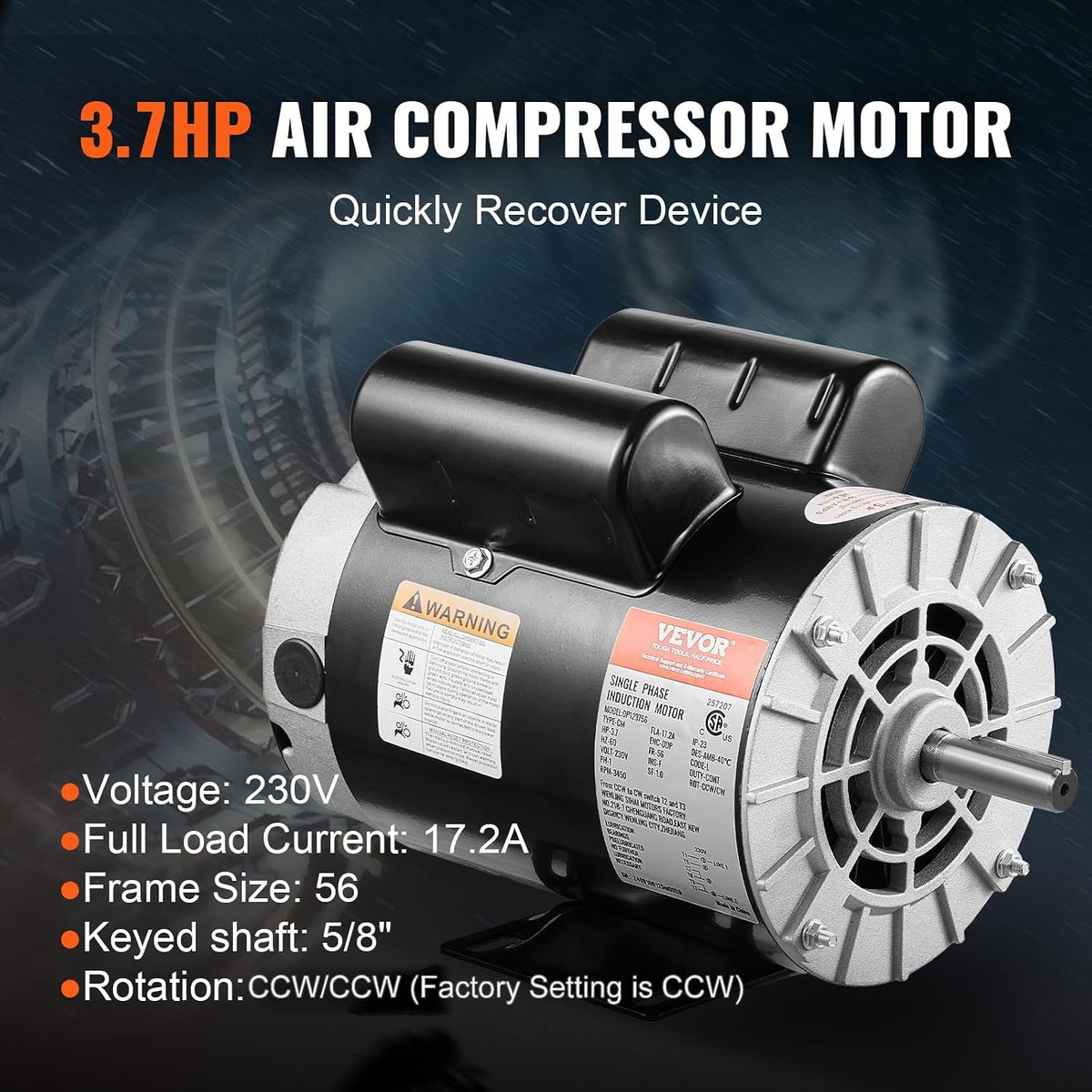 VEVOR 3.7HP Air Compressor Motor, 3450RPM Electric Motor, 230V 17.2 Amps