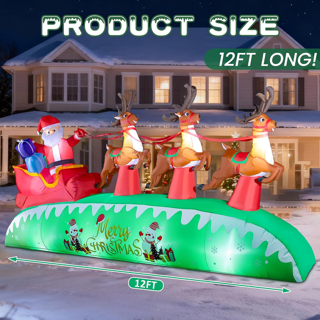 12FT Long Christmas Inflatables Outdoor Decorations | Giant Blow Up Yard Decorations Santa Sleigh and Reindeer with