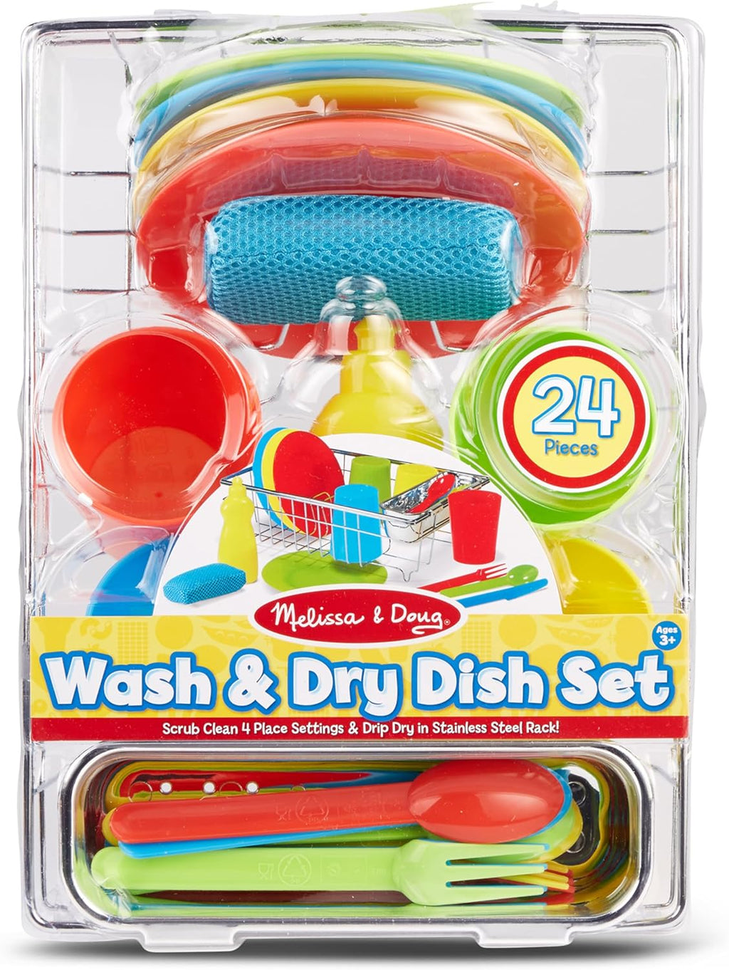Melissa & Doug Wash and Dry Dish Set - 24 Pieces Kids Play Dishes, Play Kitchen Accessories, Toy Dishes for Kids