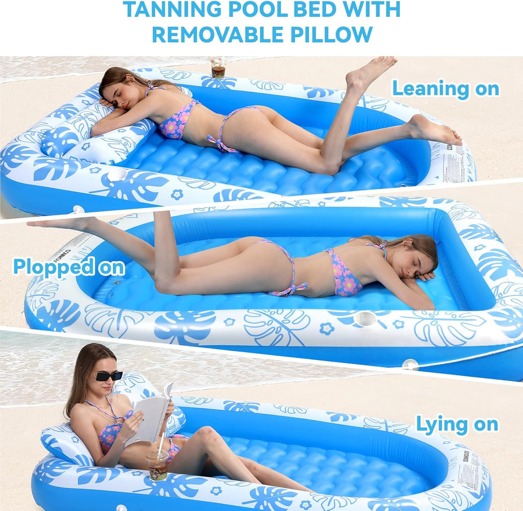 Inflatable Tanning Pool Lounger Float with Cervical Pillow - Pool Floats Adult for Sunbathing, Backyard, Pool Party