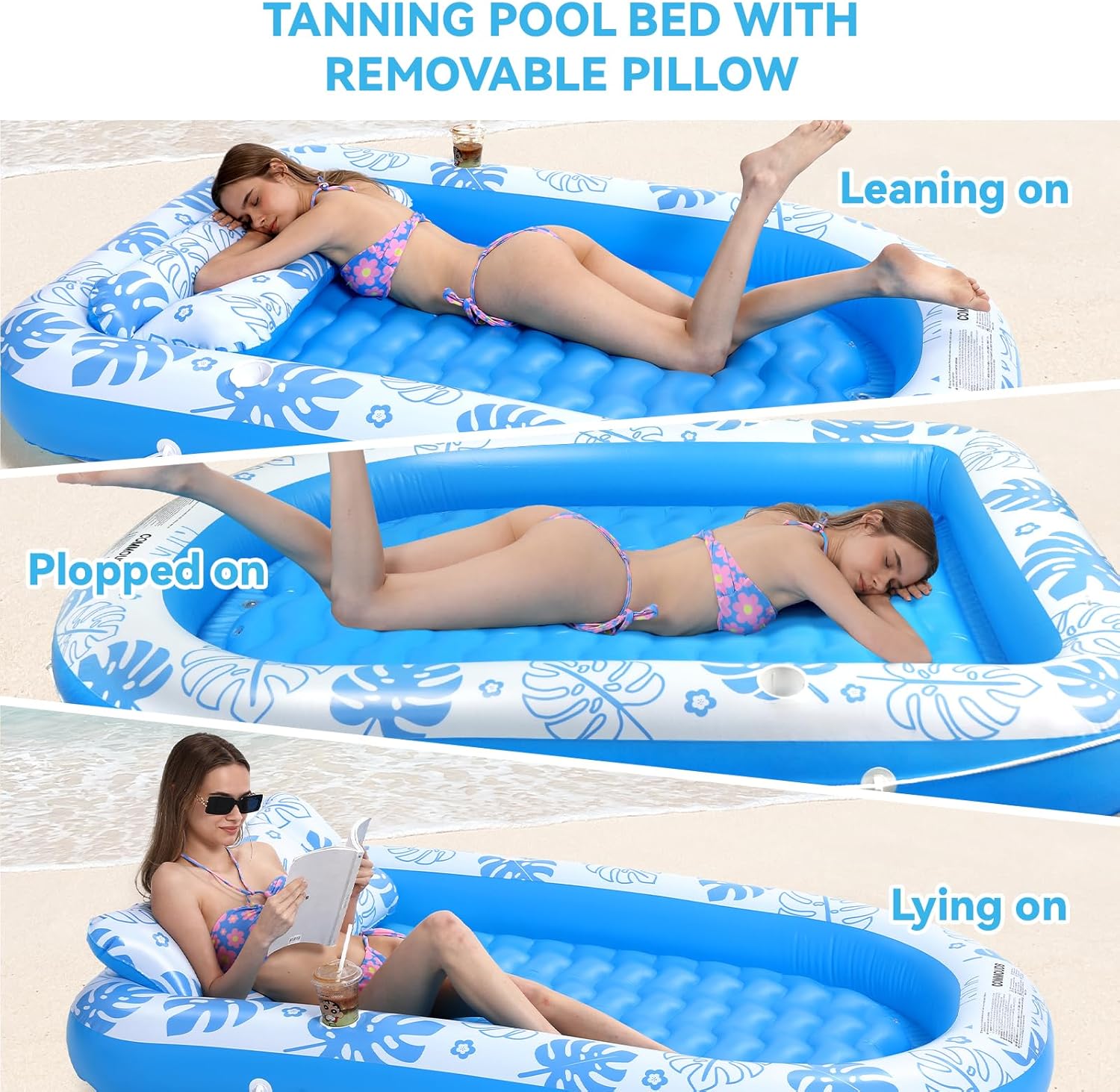 Inflatable Tanning Pool Lounger Float with Cervical Pillow - Pool Floats Adult for Sunbathing, Backyard, Pool Party