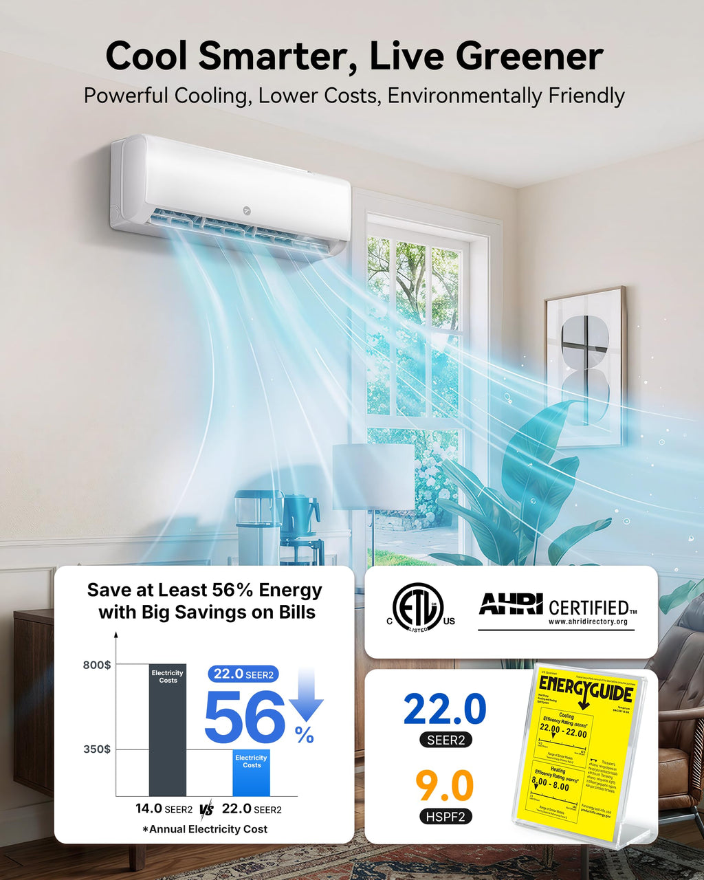 9000 BTU Mini Split Air Conditioner, 115V 22 SEER2 AC & Heat Pump