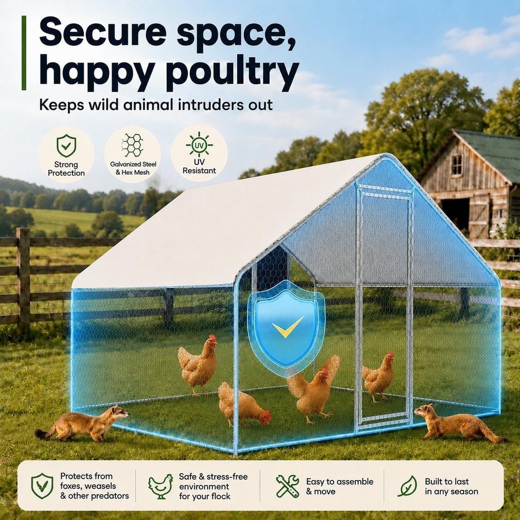 Metal Chicken Coop, 10x15x6.5FT Chicken Run for Yard with Cover