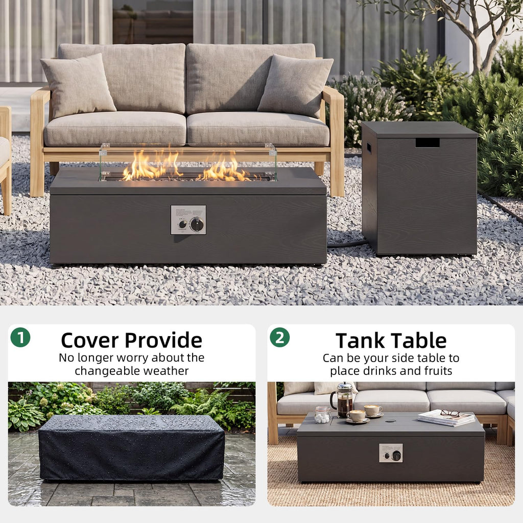 42" Rectangular Propane Fire Pit Table, Grey Wood Grain Iron Gas Fireplace