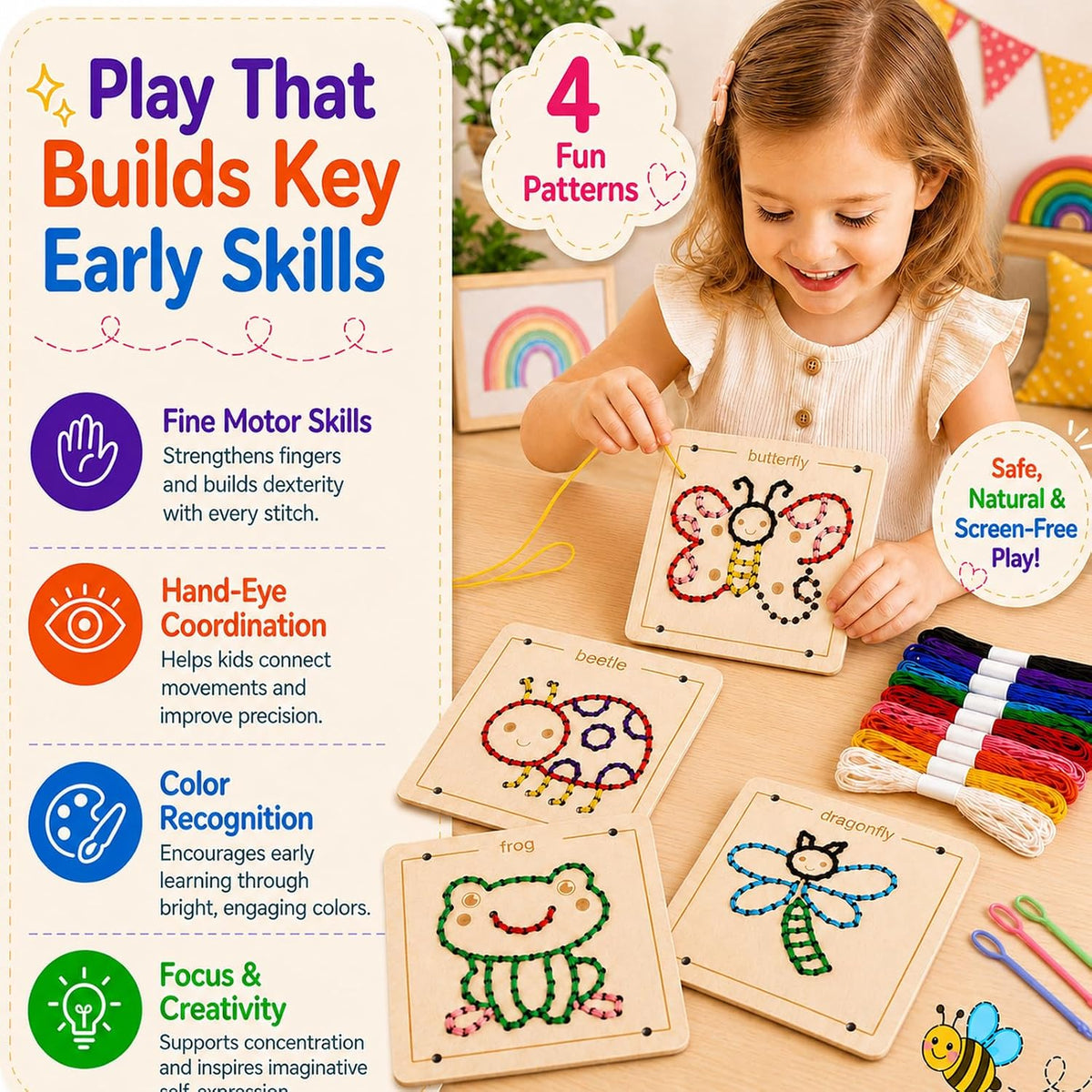 Montessori Wooden Lacing Toys for Toddlers and Kids Ages 2-4 5-7, Sewing Kit Fine Motor Skill Busy Board, Education