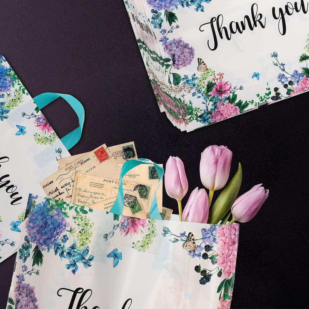 60 Pieces Thank You Gift Bags 12"x 15" with Soft Loop Handles, Floral Shopping Bags Reusable Plastic Shopping Bags