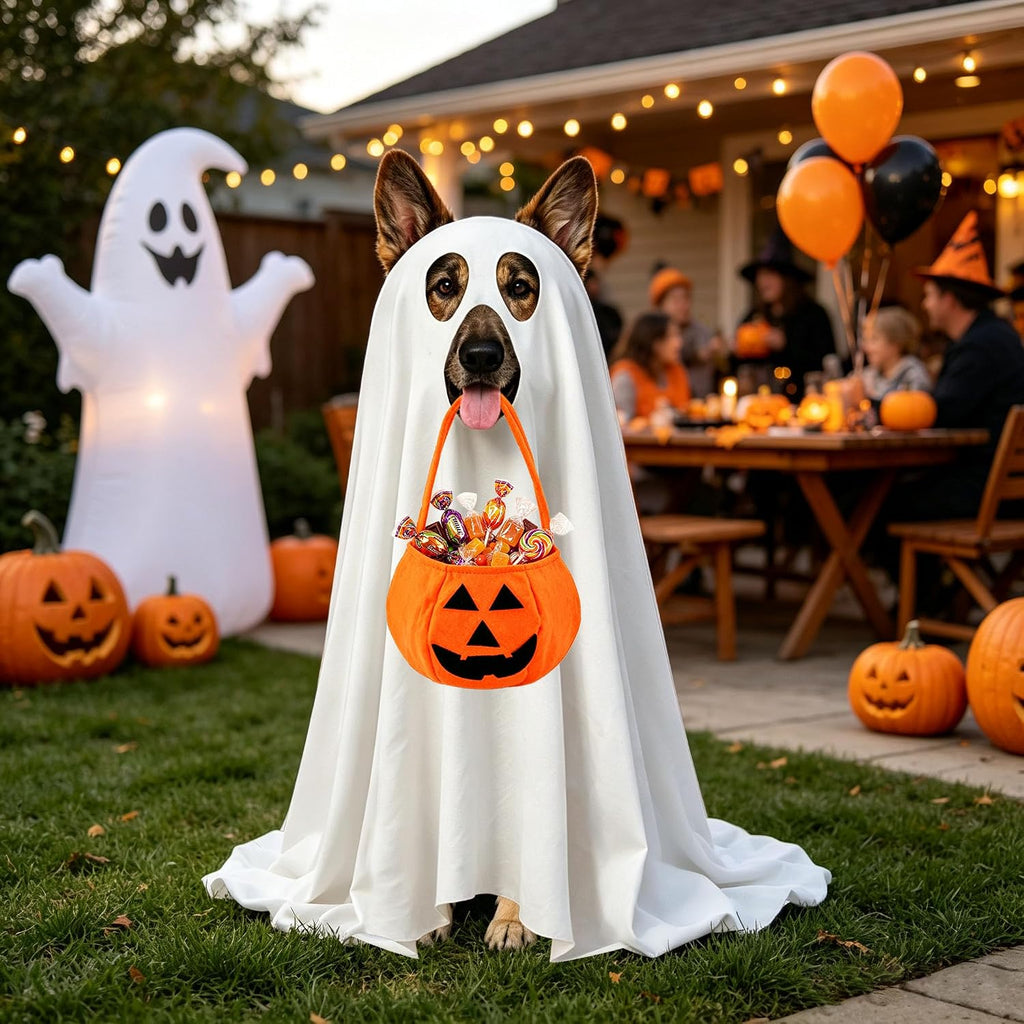 Dog Halloween Costumes, Dog Ghost Costume with Pumpkin Candy Bag Funny Halloween Dog Costumes for Small Medium Large