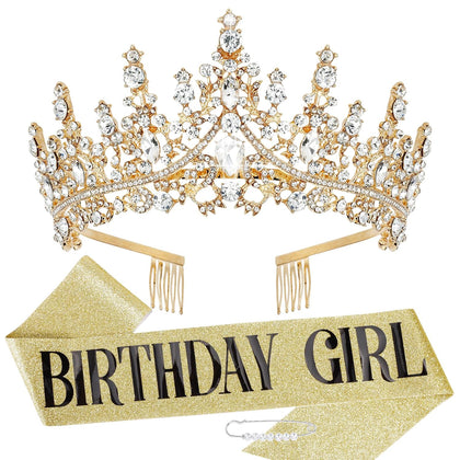 Birthday Crown and Sash Set for Women and Girls - Gold Tiara, Princess Decorations, Birthday Gifts