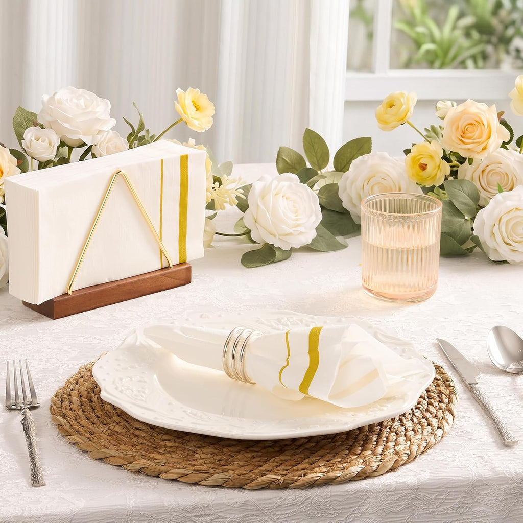 200 Pack Disposable Paper Napkins, White & Gold Trim Dinner Napkins