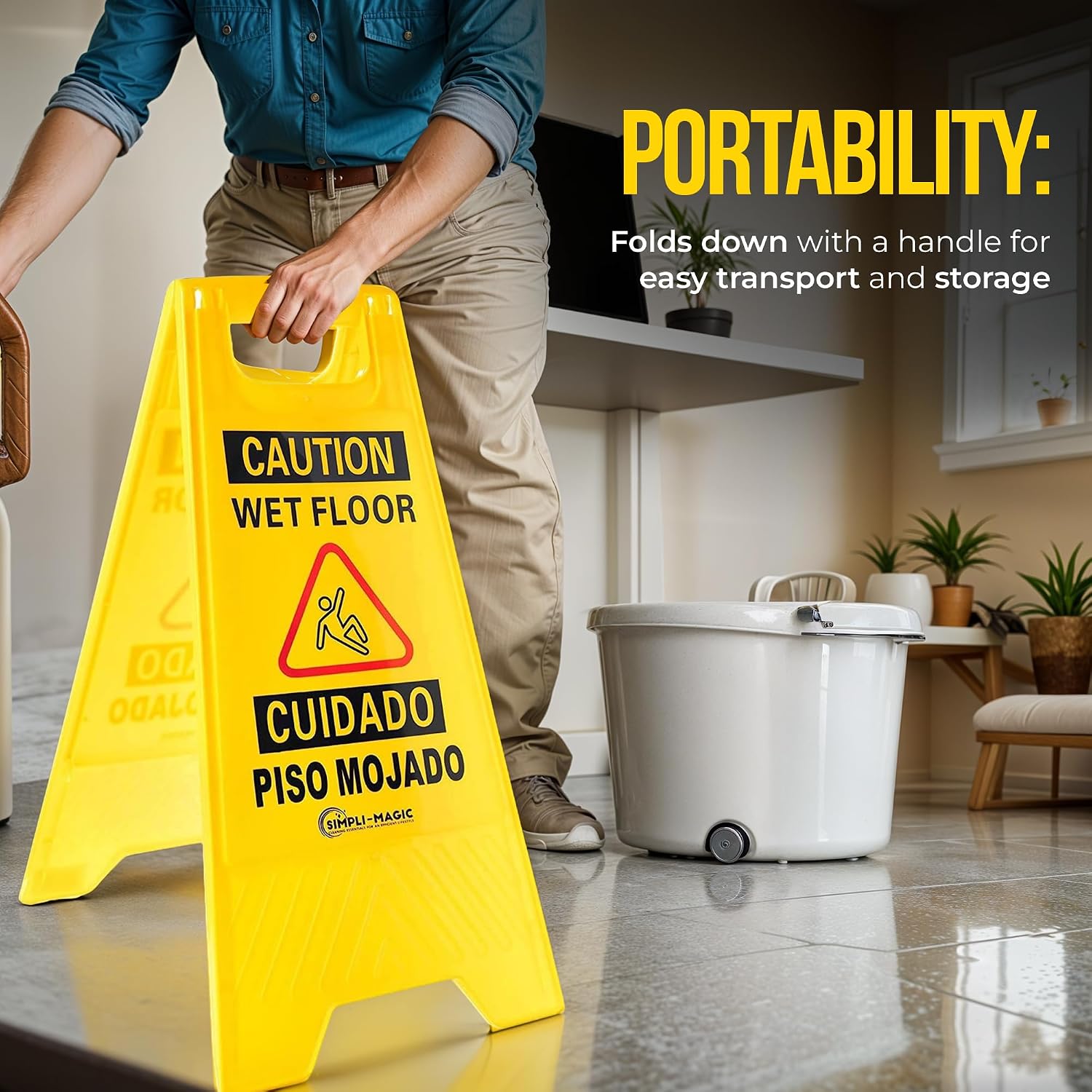 24" Height Wet Floor Caution Signs, 6 Pack – Double-Sided, Bilingual & Foldable Safety Warning Sign – Commercial