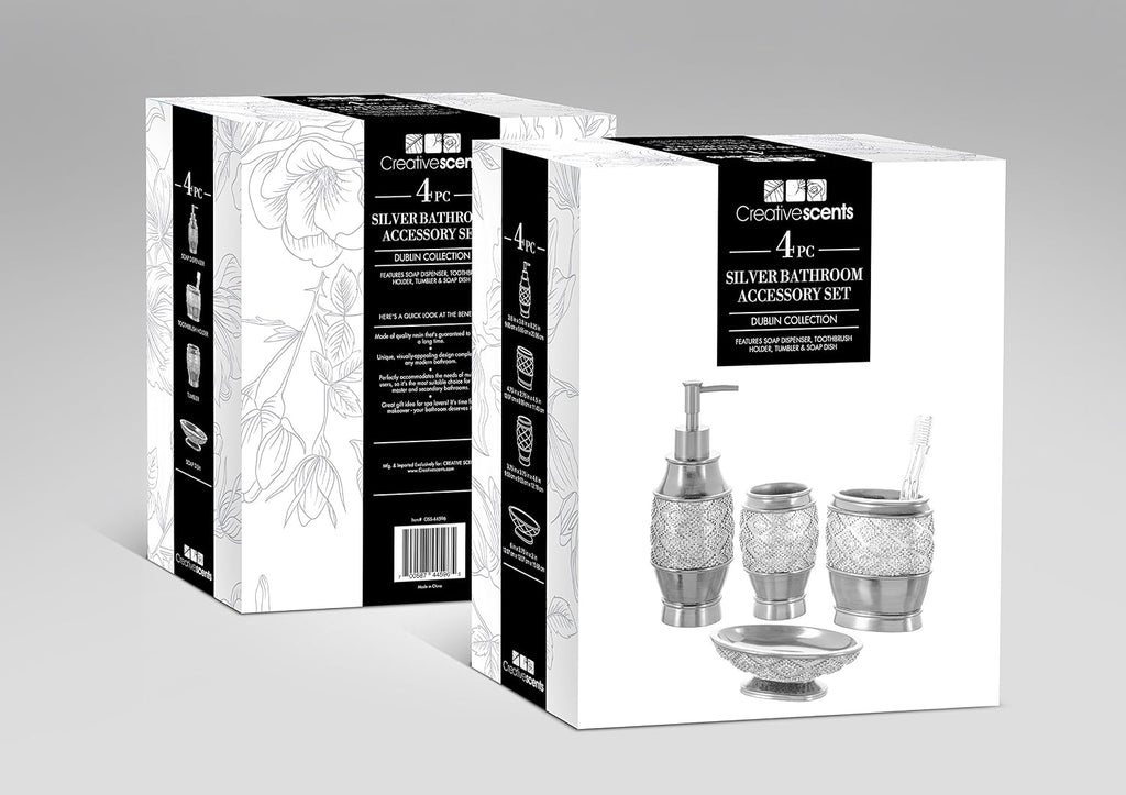 Dublin Silver 4 Piece Bathroom Accessory Set | Includes Soap Dispenser, Toothbrush Holder, Tumbler Cup & Soap Dish