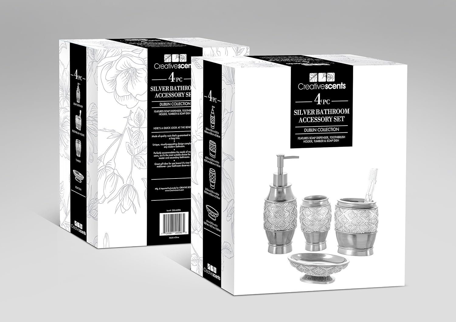 Dublin Silver 4 Piece Bathroom Accessory Set | Includes Soap Dispenser, Toothbrush Holder, Tumbler Cup & Soap Dish
