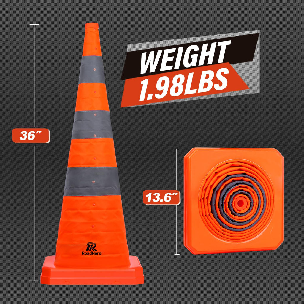 36 Inch Orange Collapsible Traffic Safety Cones with Bag, 2 Pack | Multi Purpose Pop-up, Reflective Collar, Road
