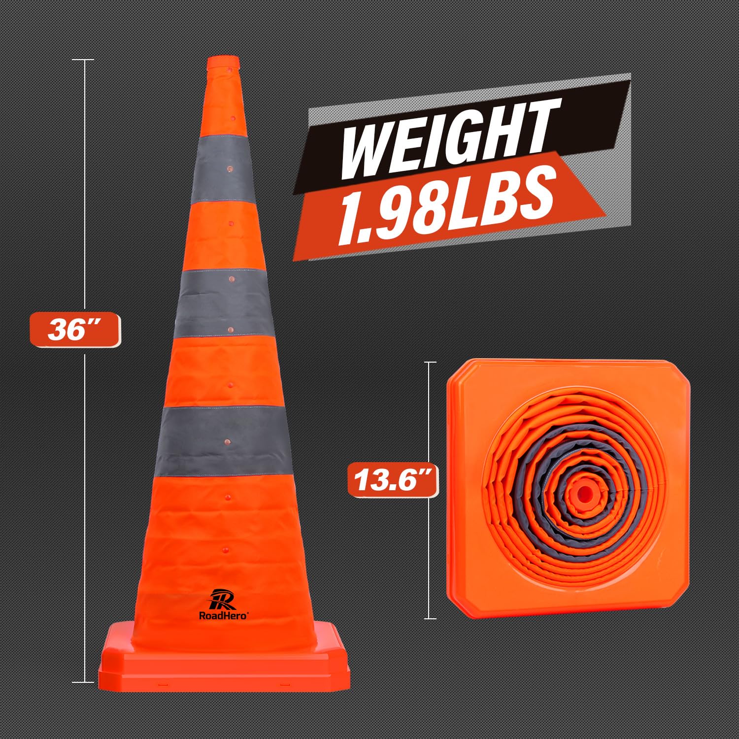 36 Inch Orange Collapsible Traffic Safety Cones with Bag, 2 Pack | Multi Purpose Pop-up, Reflective Collar, Road