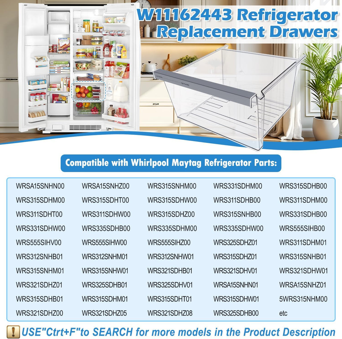 UPGRADED W11162443 Refrigerator Crisper Drawer For Whirlpool Crisper Drawer