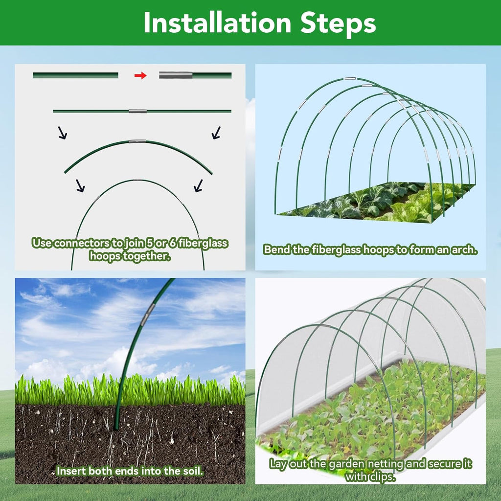 Garden Mesh Netting Kit for Raised Beds, 10x30FT Green Garden Netting ＆6 Sets Fiberglass Garden Hoops, Row Cover
