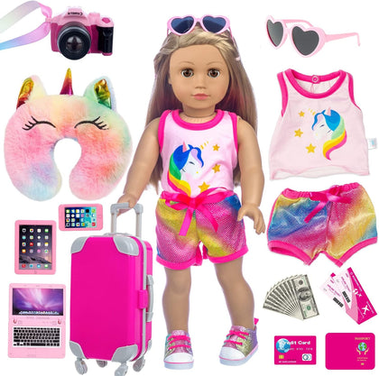 23 Pcs American 18 inch Doll Clothes and Accessories - Suitcase Luggage , Pillow, Sunglasses, Camera, Passport