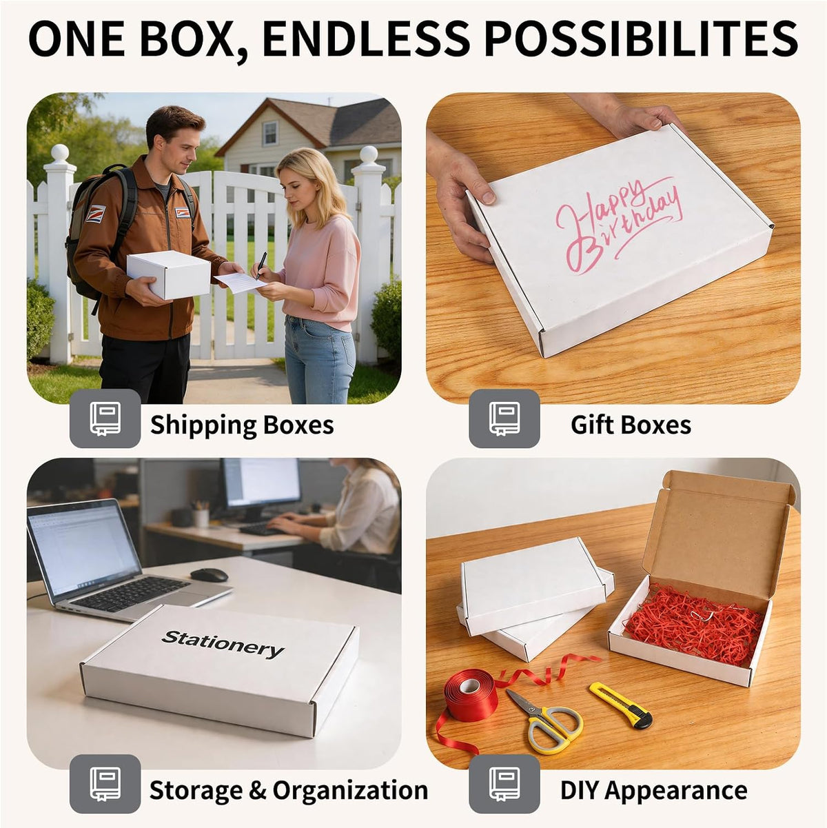 12" x 9" x 2" White Corrugated Cardboard Shipping Boxes Set of 5