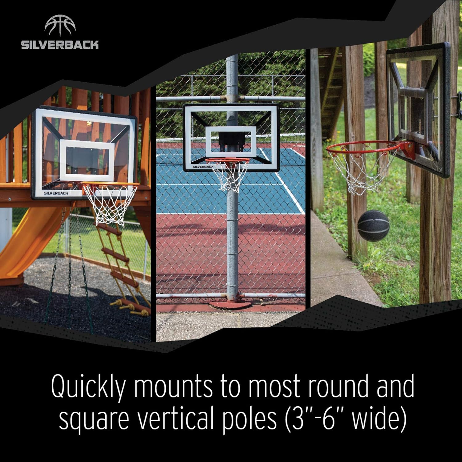 Junior Youth 33" Basketball Hoop with Lock ‘n Rock Mounting Technology Mounts to Round and Vertical Poles, Black