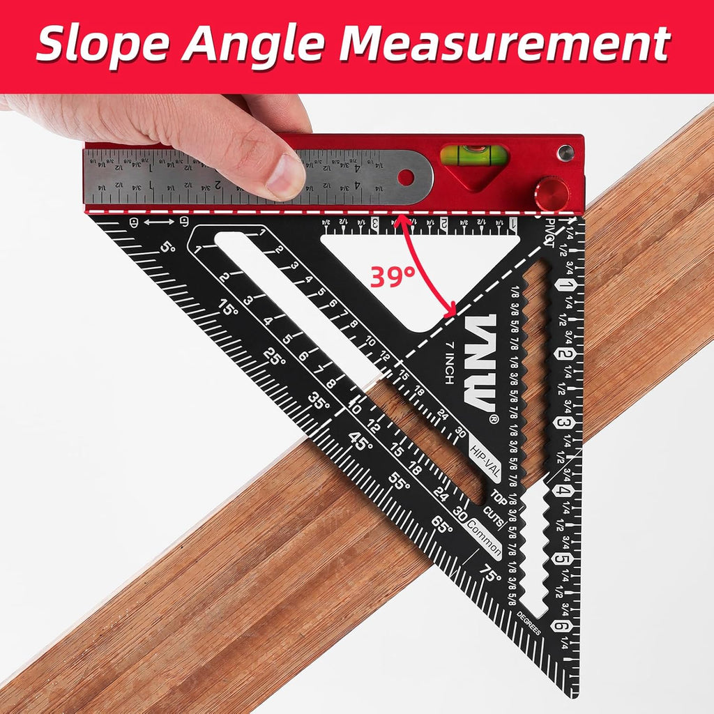 6 in 1 Rafter Square with Carpenter Pencil, 7in Rafter Square Multi-Purpose Carpenter Tools:Square,Protractor, 1/16"