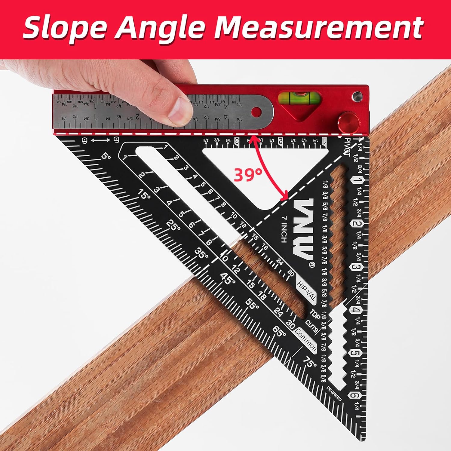 6 in 1 Rafter Square with Carpenter Pencil, 7in Rafter Square Multi-Purpose Carpenter Tools:Square,Protractor, 1/16"