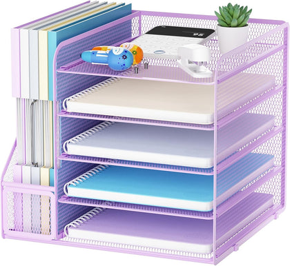 Desk Organizers and Accessories, 5-Tier Paper Letter Tray Organizer with File Holder, Mesh File Organizer, Office