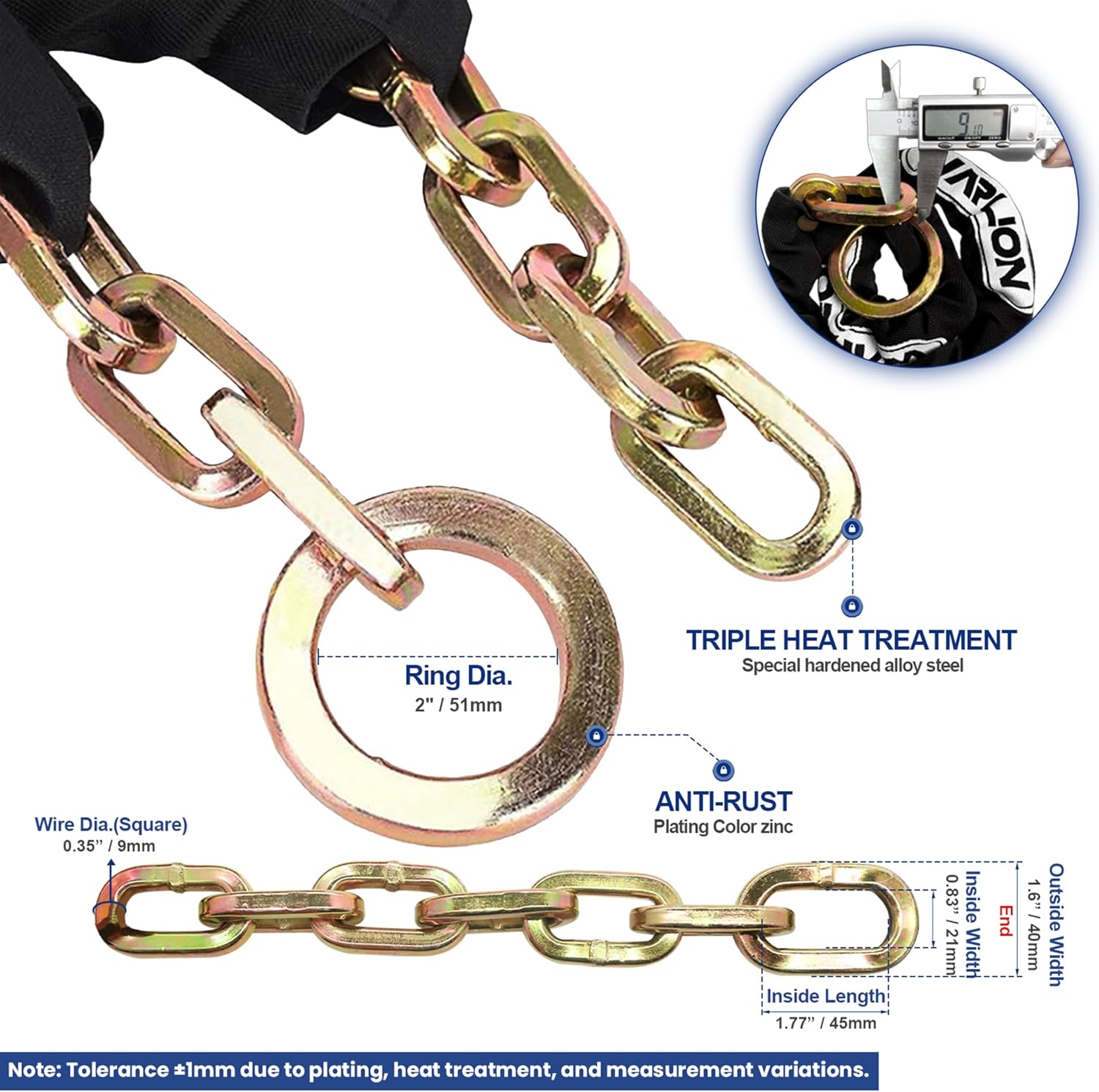 Heavy Duty Security Chain, 15ft x 3/8in (9mm) Thick, Anti-Theft & Cut-Proof Motorcycle Chain with Cinch Ring - Secure