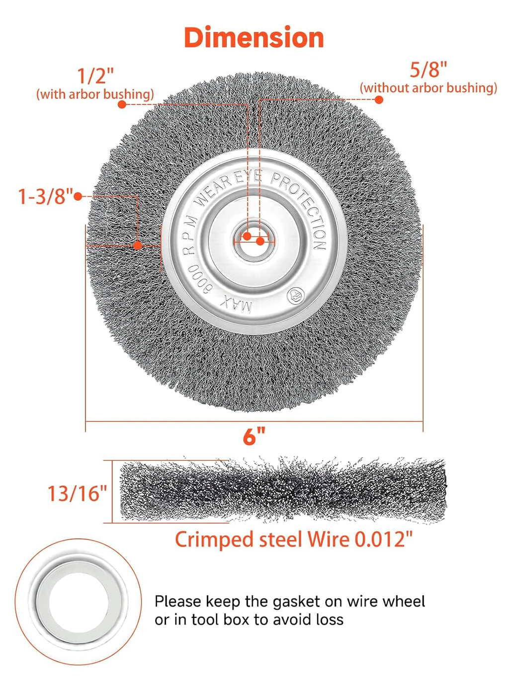 6in Wire Wheel Brush for Bench Grinder, Coarse Crimped Steel-1pcs