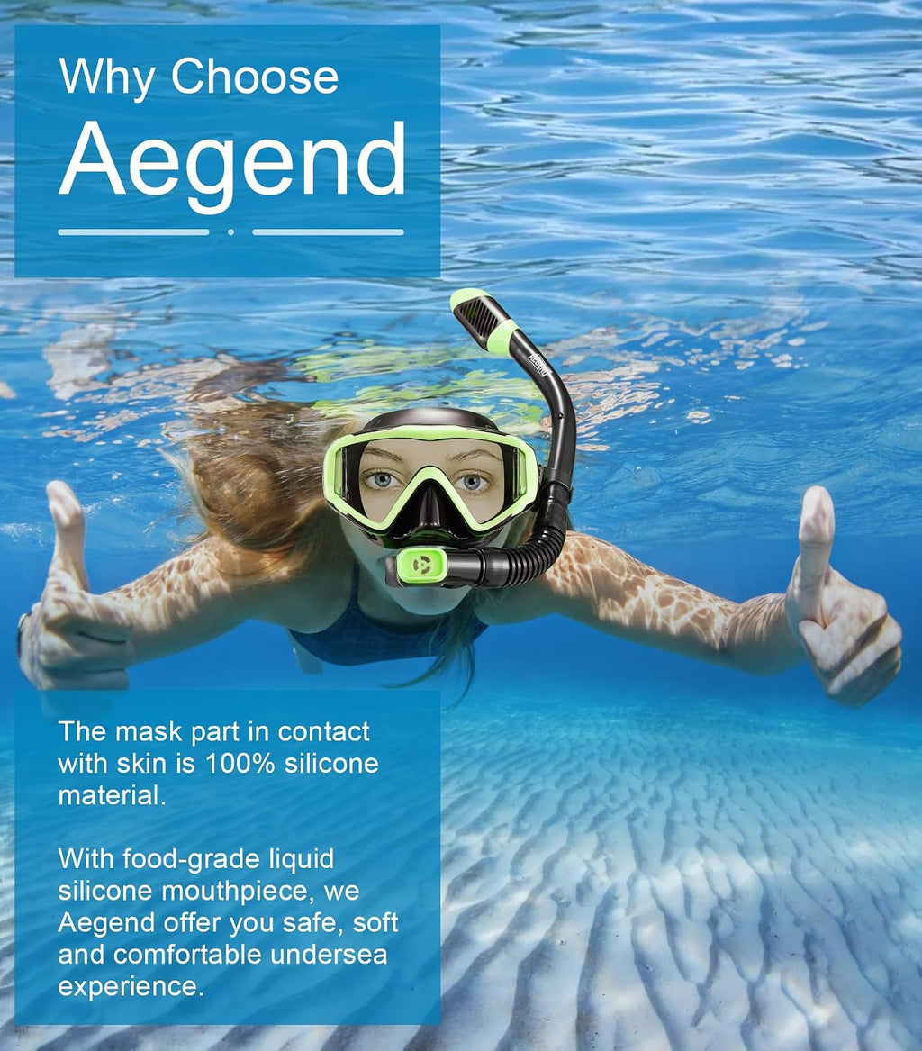 Snorkeling Gear for Adult Kid - Anti-Fog Mask with Top Dry Valve | Panoramic View Anti-Leak Snorkel Set with Travel