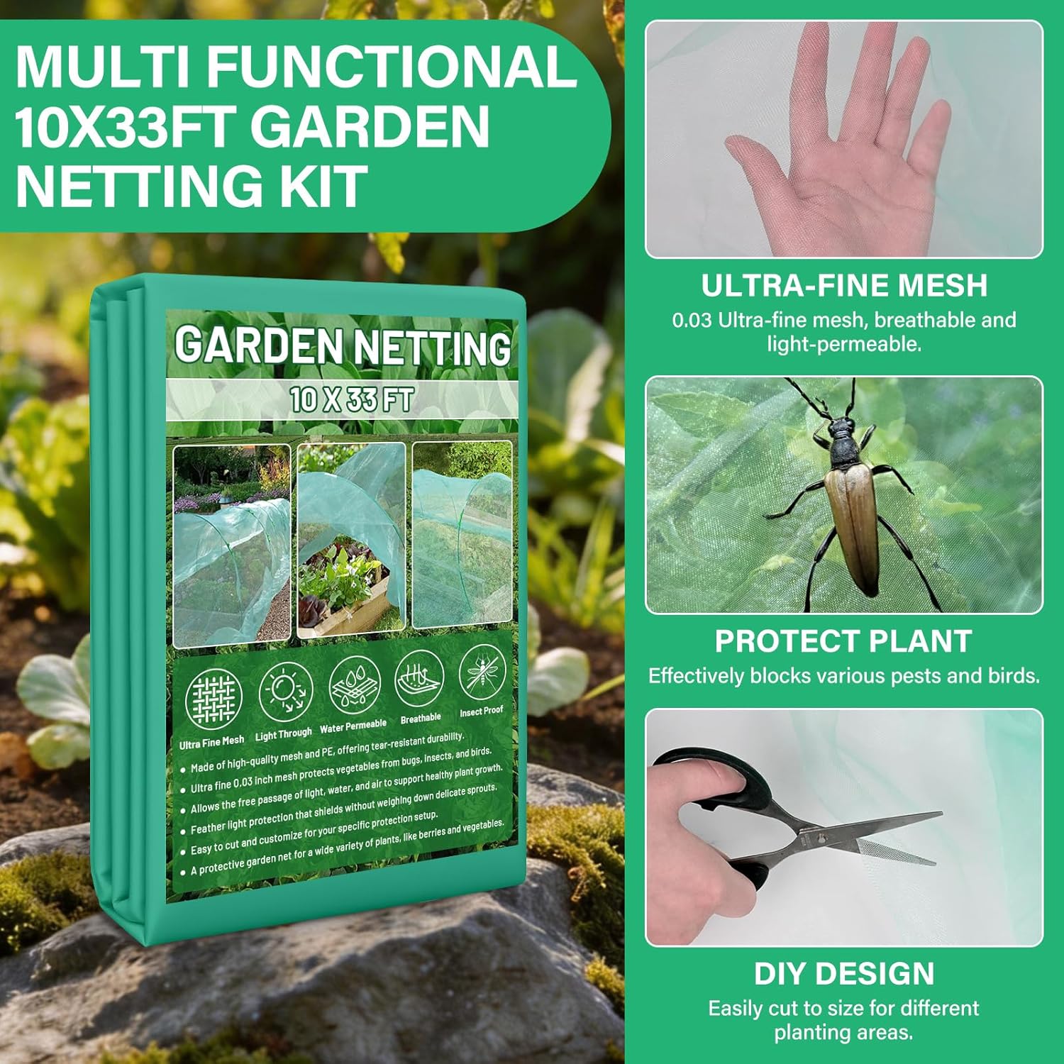 Garden Mesh Netting Kit for Raised Beds, 10x33FT Ultra Fine Mesh Netting& 6 Sets 8FT Fiberglass Garden Hoops, Insect