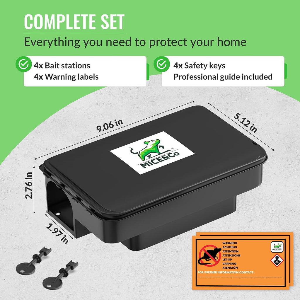 Rat Bait Stations 4 Pack, Lockable Rodent Traps, Indoor & Outdoor | 2.3 in Entry Hole, Fits Mice and Rats, Lockable