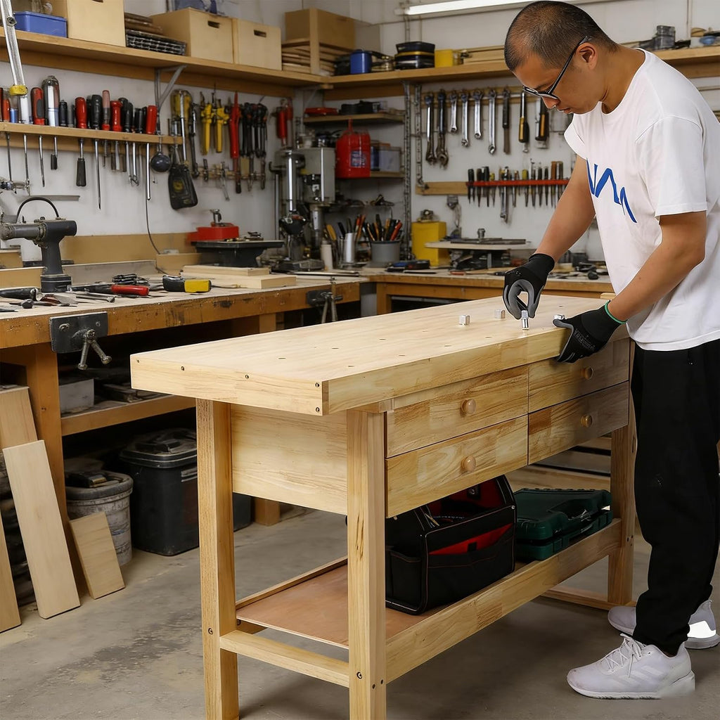 60 Inch Workbench with 4 Drawers & Storage Rack, Rubber Wood Top Work Table for Garage Workshop, Heavy Duty