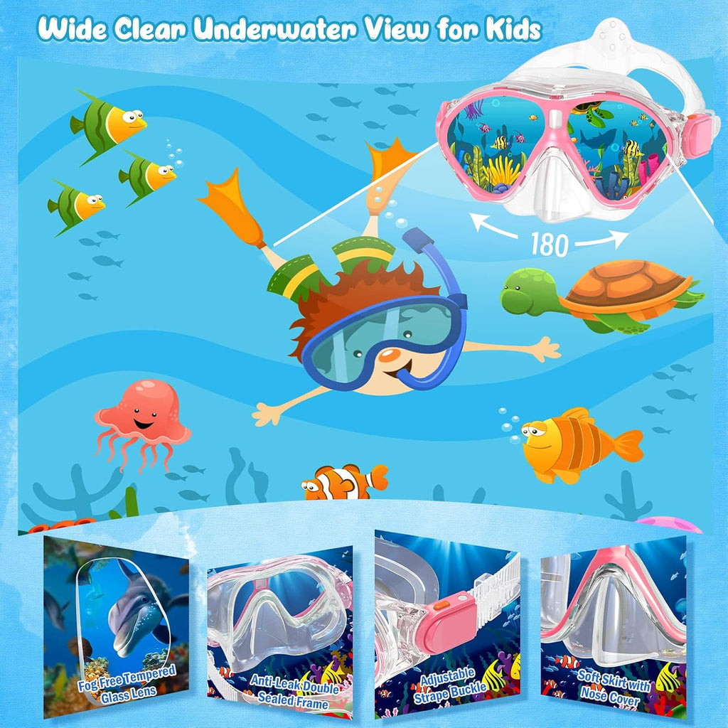 Kids Snorkel Set, Snorkeling Gear for Kids with Mask Fins | Dry Top Snorkel, Anti-Fog Tempered Glass Mask, Adjustable