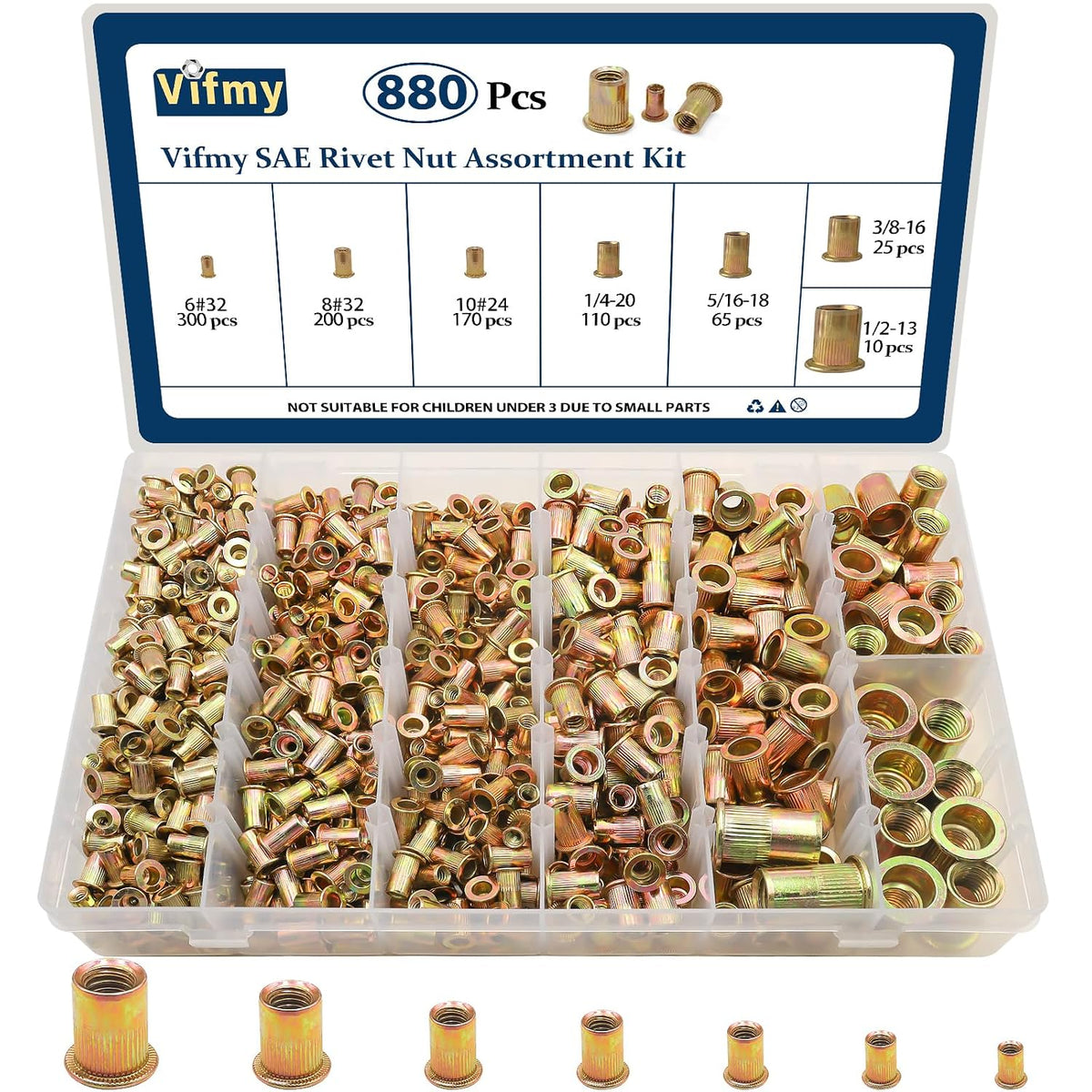 SAE Rivet Nut Assortment Kit, 880Pcs #6-1/2 Zinc Plated Rivnut Insert