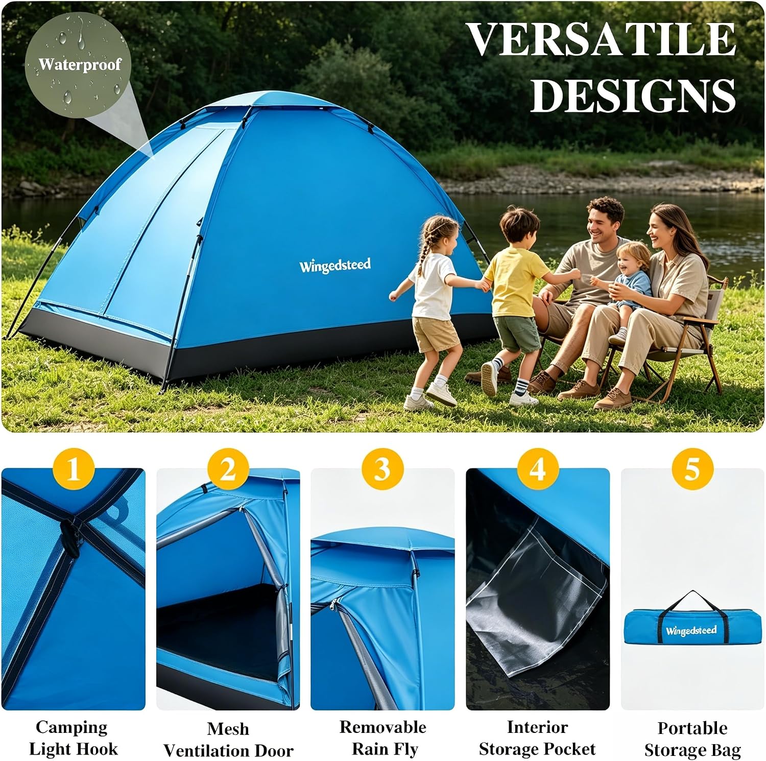 1-2 Person Camping Tent, Easy Manual Setup Dome Tent, Waterproof Windproof Lightweight Backpacking Tent with