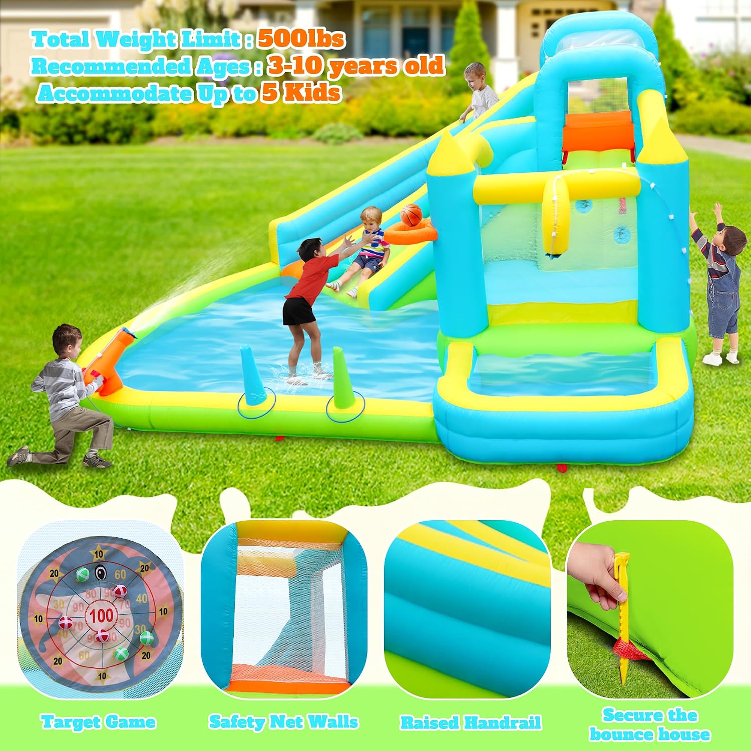 Inflatable Water Double Slides with Blower, Jumping Castle with Deep Pool, Bounce House for 5 Kids Aged 3-10, Water