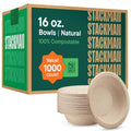 100% Compostable Paper Bowls 16 oz. [1000 Count] Heavy-Duty Soup Bowls - Natural Brown Color Unbleached Bagasse Bowls