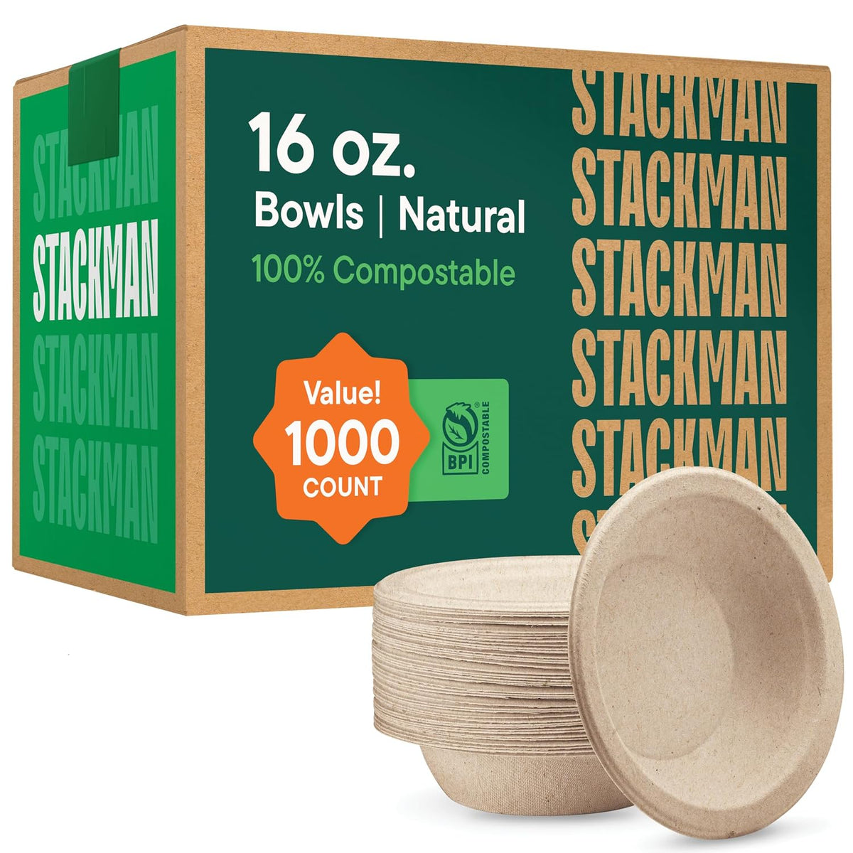 100% Compostable Paper Bowls 16 oz. [1000 Count] Heavy-Duty Soup Bowls - Natural Brown Color Unbleached Bagasse Bowls